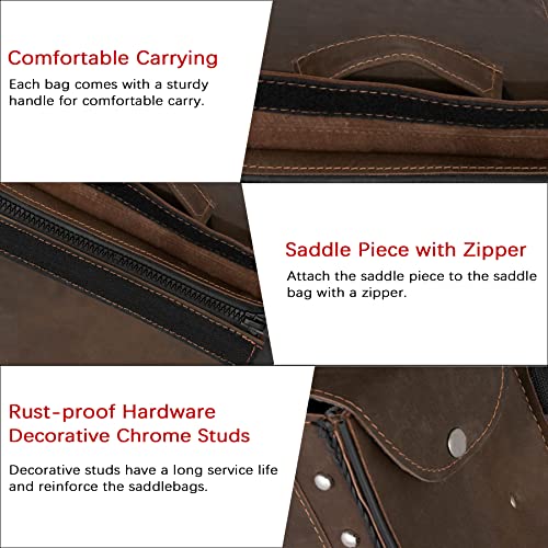 Naked Cowhide Leather Motorcycle Saddle Bags Throw Over Saddlebags (Vintage Brown 26L No Studs & Braided)