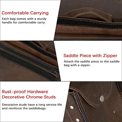 Naked Cowhide Leather Motorcycle Saddle Bags Throw Over Saddlebags (Vintage Brown 26L No Studs & Braided)