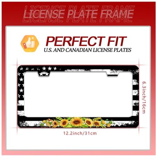 American Flag Sunflower License Plate Frame Patriotic Floral License Plate Frames for Car Decorative Parts Stainless Stee License Plate for Standard Us Canada Funny License Plate Holder 12x6 Inch (American Flag Sunflower)