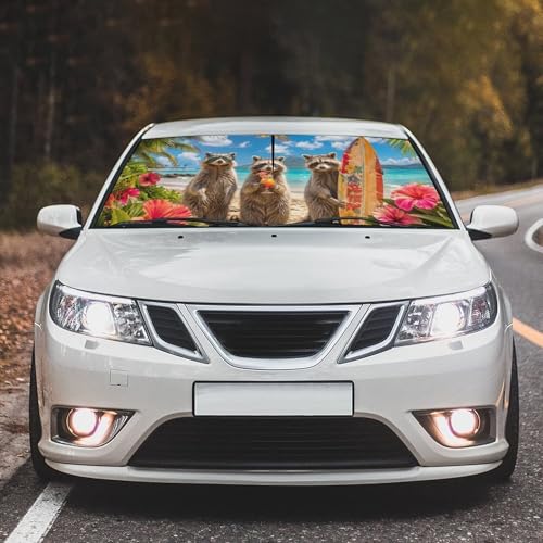 Funny Raccoon Car Windshield Sun Shade Umbrella Hawaiian Raccoon Car Sun Shade Umbrella Block UV Rays Heat Foldable Windshield Umbrella Sun Visor Protector (Racc-2)