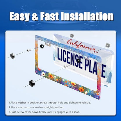 Watercolor Flower License Plate Frame Stainless Steel Car Accessory6.3x12.3 (Colorful Abstract Floral)