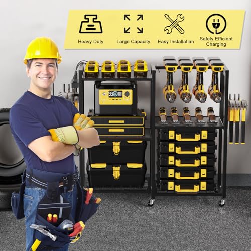 6 Tier Large Power Tool Organizer Cart with Charging Station (Black)