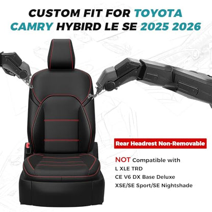 Custom Fit Seat Covers for Toyota Camry 2025 2026 Hybrid (Black With Red Trim / 2025-2026 Camry LE SE)