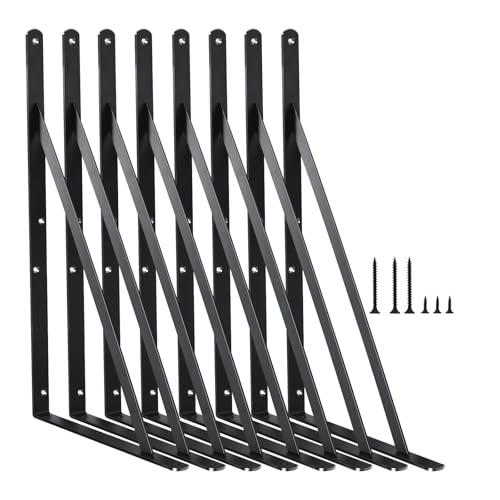 8 Pack L14 x H 10" Black Heavy Duty Shelf Brackets with Screws Metal Shelf Brackets Shelf Support Angle Brackets for Shelves L Brackets Heavy Duty Floating Shelf (8 Pack-Black / 14''x10'')