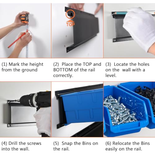 10 Bin Wall Mounted Plastic Storage Bins Hanging Organizer Bins (Blue / 10Bins+3Rails)