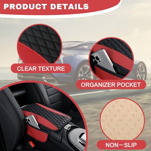 Leather Car Center Console Cover with Side Pockets (Red)