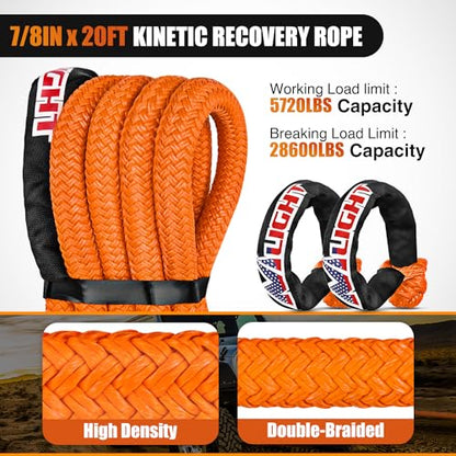 Kinetic Recovery Tow Rope 7 (7/8in x 20ft Rope+2Pcs Shackles / Straps)