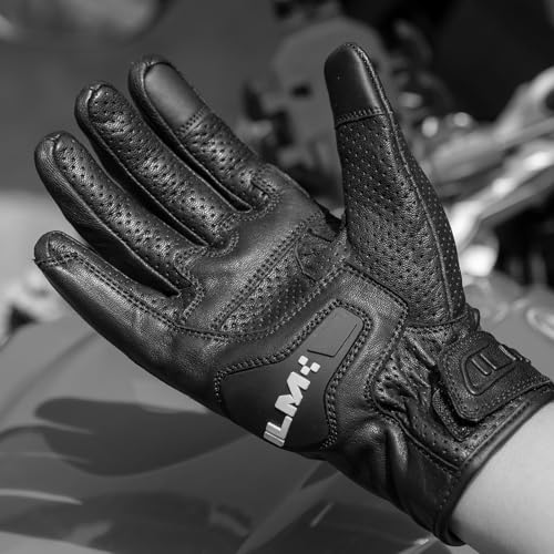 Goatskin Leather Motorcycle Motorbike Powersports Racing Gloves Touchscreen for Men and Women Model DN01 (Black Perforated / Large)