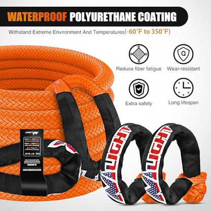 Kinetic Recovery Tow Rope Kit with 2 Soft Shackle 1" x 30ft Heavy Duty Offroad Tow Rope Snatch Strap Towing Strap kit (1in x 30ft Rope+2Pcs Shackles / Straps)