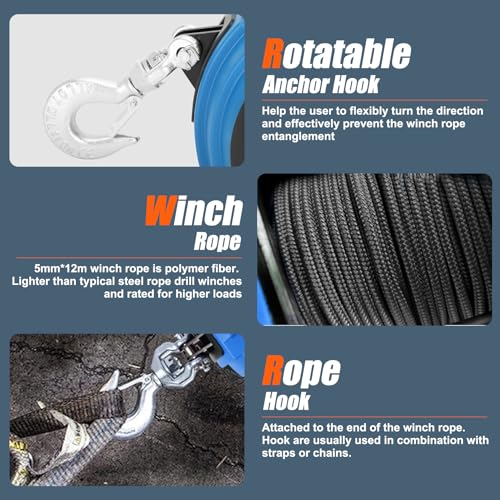 Portable Drill Winch of 1000 LB (1000 lb. Capacity Synthetic Rope（Blue）)