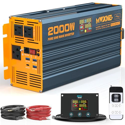 2000W Pure Sine Wave Power Inverter DC 12V to 110V 120V AC with 4 Quick Charging USB Ports& 3 AC Outlets Power Inverters for Vehicles RV Truck Home with LCD Display and Remote Controller (2000W- 12V)
