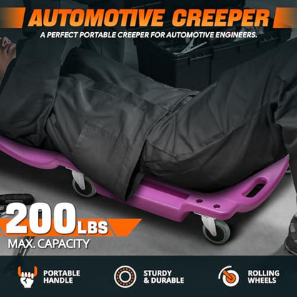40" L X 19" W Vehicle Repair Low Profile Plastic Rolling Garage Shop Creeper with Padded Headrest (Purple / 40 Inches)