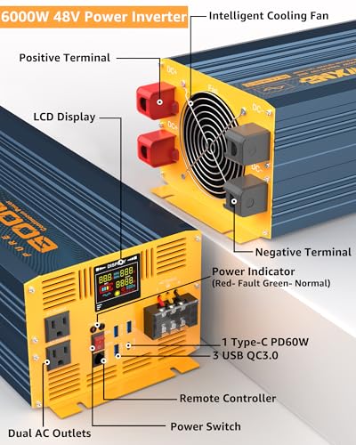 6000 Watt Power Inverter Pure Sine Wave 48V DC to 110V 120V Heavy Duty Inverter with Remote Control and LED Display (6000W- 48V)