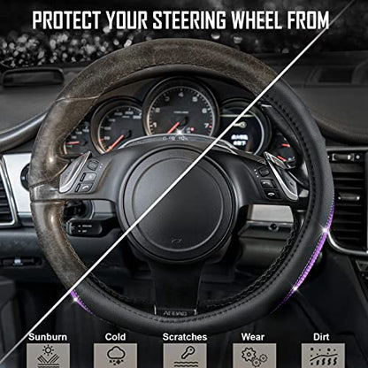 Bling Diamond Black Leather Steering Wheel Cover (Purple Diamond 1PCS)