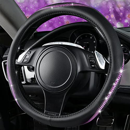 Bling Diamond Black Leather Steering Wheel Cover (Purple Diamond 1PCS)