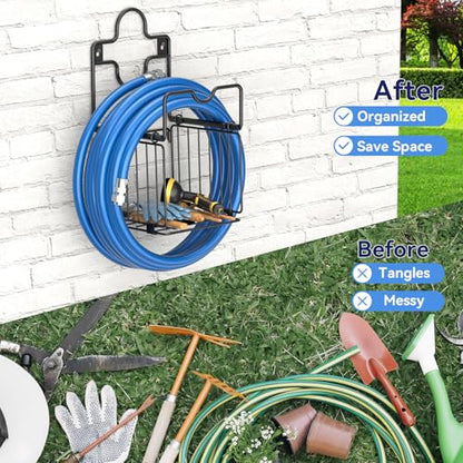 Garden Hose Holders for Outside Metal Water Hose Holder Wall Mount Hose Hanger with Storage Basket Heavy Duty Waterhose Holder for Outside Hose Rack Outdoor Hose Caddy Hook for Garden Organizer Black (Black)