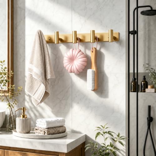 Wall Mounted Coat Rack ("T" Shape 5 Hooks - 1 Pack / Gold)
