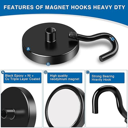 Magnetic Hooks for Cruise Cabins 170LBS Heavy Duty Magnet Hook 12P (Black / 1.41in)