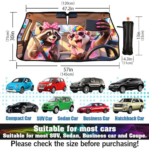 Raccoon Car Windshield Sun Shade Umbrella Bendable Handle Foldable Funny Women Gifts Raccoon Sunshade for Car Windshield Block UV Rays Keep Vehicle Cool for Most Sedans SUV Trucks Cars 57"x30" (147*75cm,33*11cm / Funny Raccoon 02)