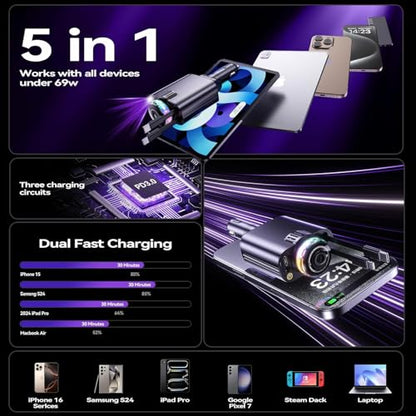 Smart Retractable Car Charger 69W USB C Fast Charge Air Freshener Starlight (Black)