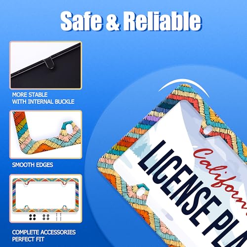 Boho License Plate Frame Stainless Steel Car Accessory 6.3x12.3 Inch (Colorful Boho Stripes)