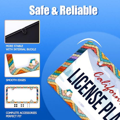 Boho License Plate Frame Stainless Steel Car Accessory 6.3x12.3 Inch (Colorful Boho Stripes)