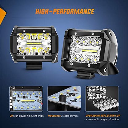 LED Light Bar 2PCS 60W 4 Inch Flood Spot Combo LED Work Light Pods Triple Row Work Driving Lamp with 12 ft Wiring Harness kit (White 2PCS with Wiring Harness / Led Pods)