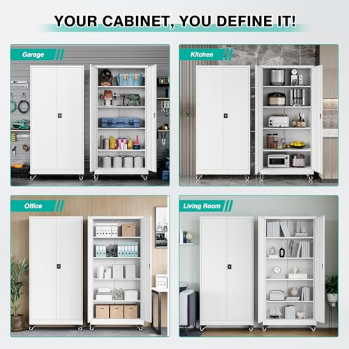 75" Tall Metal Storage Cabinet with Wheels (75"H x 31.5"W x 16"D / White)