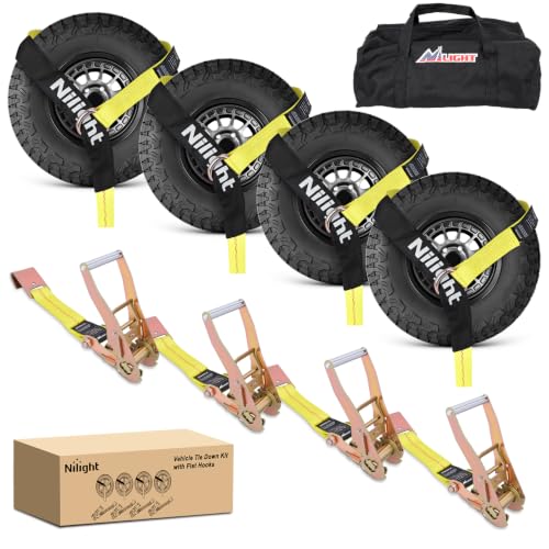4 Pack 2" x 10' Car Tie Down Straps with Flat Hooks Heavy Duty Adjustable Wheel Ratchet Straps for Hauling UTV (4Pcs 2in x 10ft Straps with Flat Hooks)