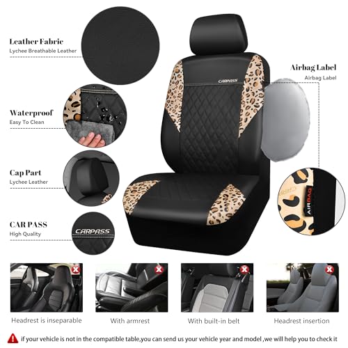 Leopard Print Faux Leather Car Seat Covers & Leopard Car Mats&Leopard Steering Wheel Cover Seat Belt Pad Universal Car Accessories for SUV (Leopard combo)