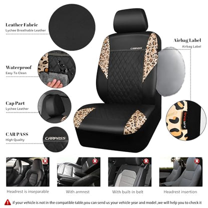 Leopard Print Faux Leather Car Seat Covers & Leopard Car Mats&Leopard Steering Wheel Cover Seat Belt Pad Universal Car Accessories for SUV (Leopard combo)
