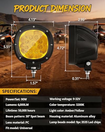2PCS 4 Inch Amber LED Fog Lights 90W Round Off Road Driving Lights (Amber Light)