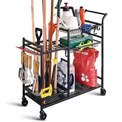 Rolling Garden Tool Organizer with Shelves and Hooks (Deluxe Rack)