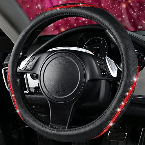 Bling Diamond Black Leather Steering Wheel Cover (Red Diamond 1PCS)