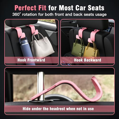 4 Pack Car Headrest Hooks Holds 55lbs Seat Storage Organizer for Bags (Pink Check)