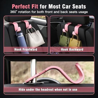 4 Pack Car Headrest Hooks Holds 55lbs Seat Storage Organizer for Bags (Pink Check)