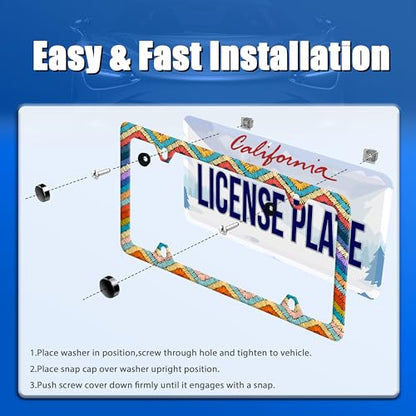 Boho License Plate Frame Stainless Steel Car Accessory 6.3x12.3 Inch (Colorful Boho Stripes)