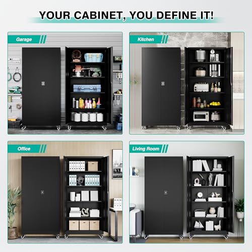 Metal Storage Cabinet with Wheels (75"H x 31.5"W x 16"D / Black)