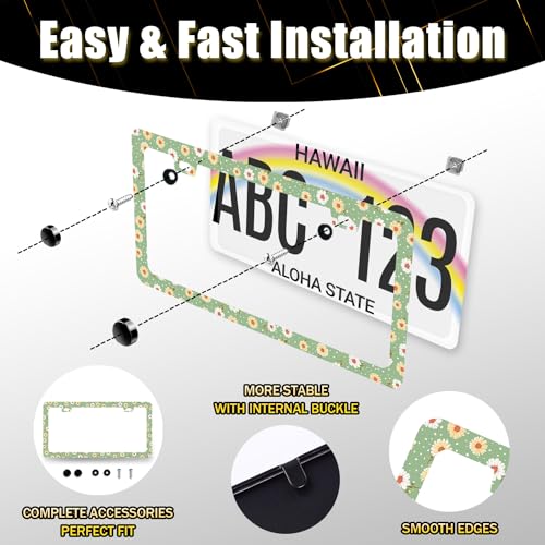 Stainless Steel Cute Daisy Floral License Plate Frame 12.3 x 6.3 Inch (Cute Daisy Floral)
