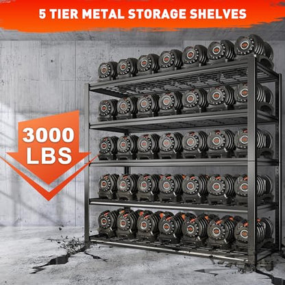 48.2''W Garage Shelving Heavy Duty Metal Shelving 3000LBS Storage Shelves Adjustable Metal Shelves Industrial 5 Tier Garage Shelf for Basement Pantry Warehouse Supermarket (24.2"D x 48.2"W x 72.2"H)