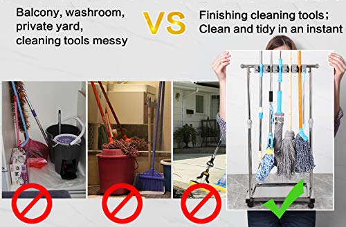 movable mop broom holder put wet mops floor standing cleaning tool rack stainless for schools (5slots)