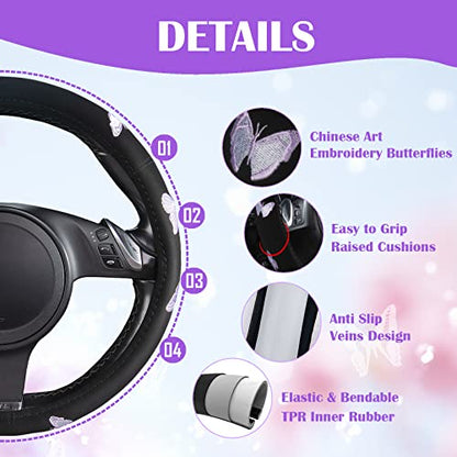 Purple Embroidery Butterfly Steering Wheel Cover (Black and Purple)
