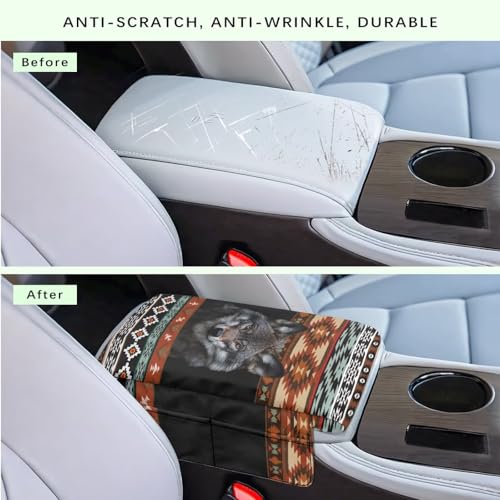 Aztec Wolf Black Car Center Console Cover Scratch Resistant Armrest Seat Box Cover with Organizer Pockets Console Lid Protector Cushion Fit for Most Cars Vehicles SUVs (Aztec Wolf Black)
