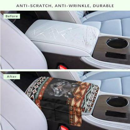 Aztec Wolf Black Car Center Console Cover Scratch Resistant Armrest Seat Box Cover with Organizer Pockets Console Lid Protector Cushion Fit for Most Cars Vehicles SUVs (Aztec Wolf Black)