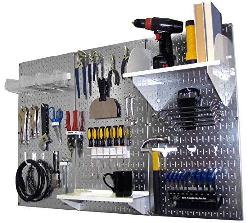 Pegboard Organizer 4 ft. Metal Pegboard Standard Tool Storage Kit with Galvanized Toolboard and White Accessories (Metallic Pegboard with White Accessories)