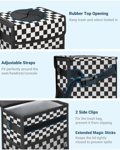 Car Trash Can with Lid (3 Gallons / Black Square Grid)