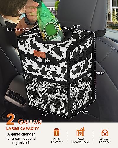 Car Trash Can with Lid Leakproof Car Garbage Bag Vehicle Trash Bin (2 Gallons / Cow Print)