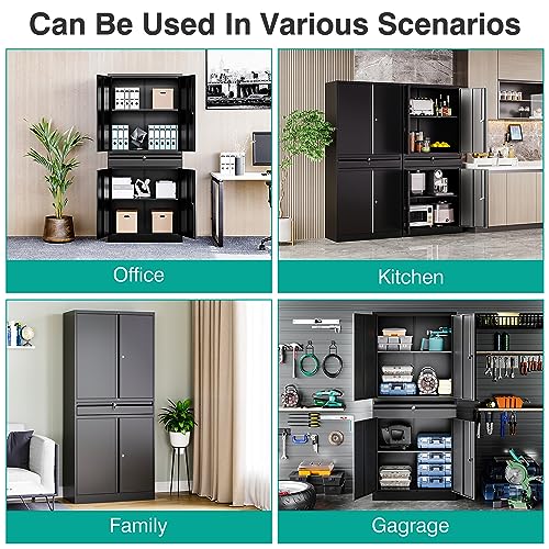 Metal Garage Storage Cabinet with Drawer and Lock (71"H x 31.5"W x 16"D / Black)