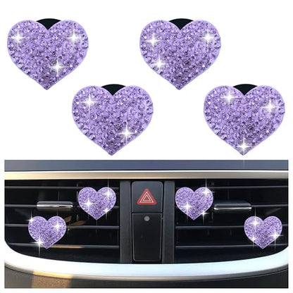 4PCS Heart Shaped Car Vent Clips with Rhinestone (Purple)