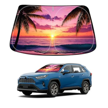 Sunset Beach Car Windshield Sun Shade Compatible with Toyota RAV4 2013 2014 2015 2016 2017 2018 (Toyota RAV4 2013 -2018 - sunset beach)